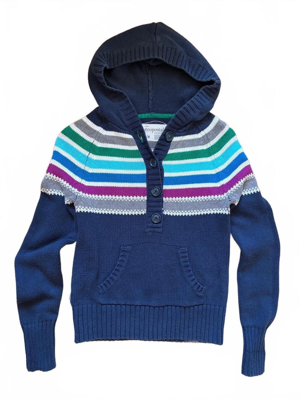 Aéropostale Sweater Hoodie Womens M Navy Multi Stripe Henley Kangaroo